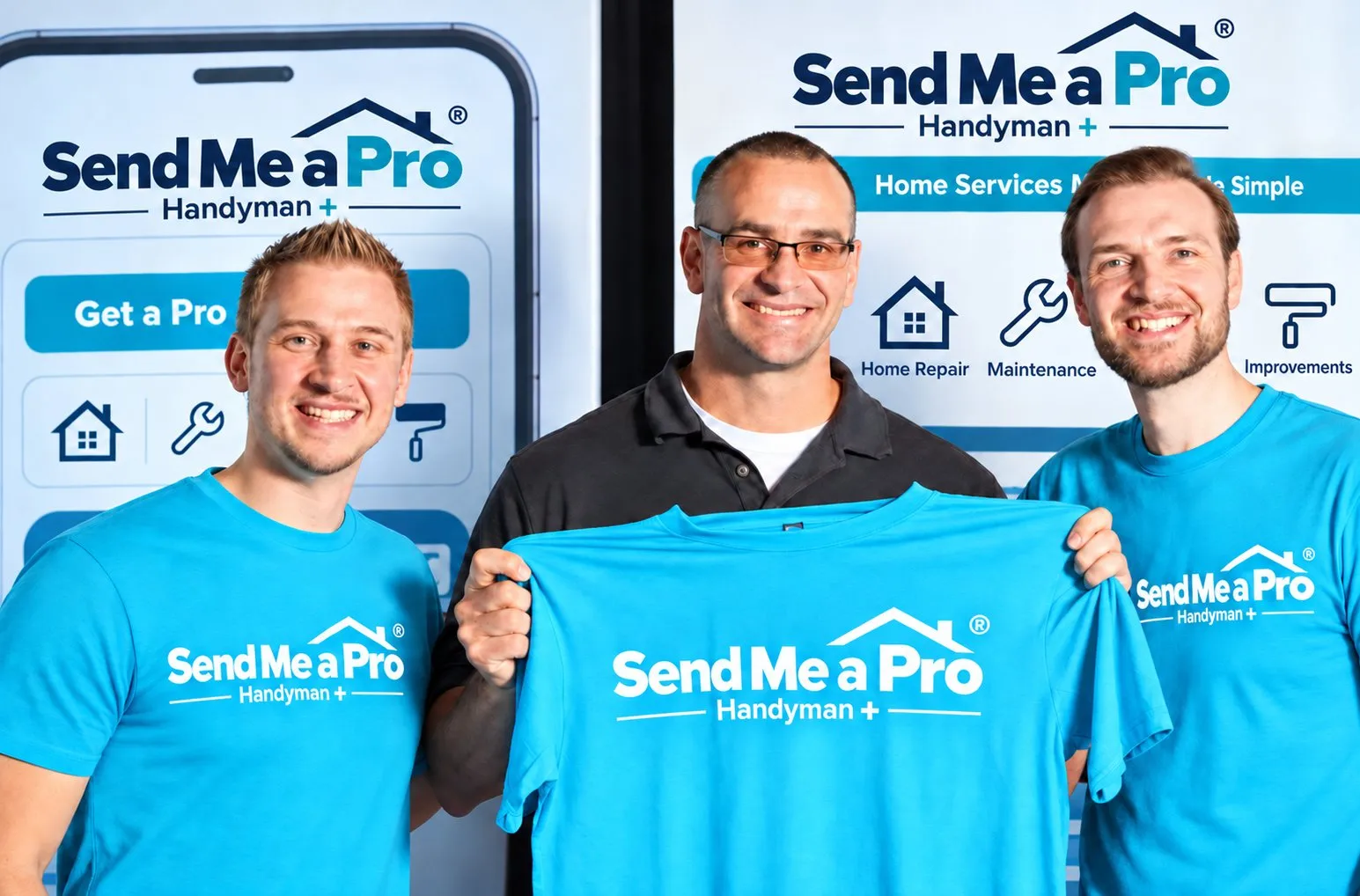 Send Me a Pro franchise team members holding up a Send Me a Pro shirt